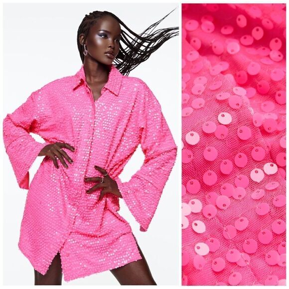 H&M Sequined Shirt Dress Cerise Festive New Barbiecore - Picture 1 of 8